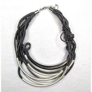 Signed Lia Sophia Multi Strand Black Waxed Chord Two Tone Statement Necklace